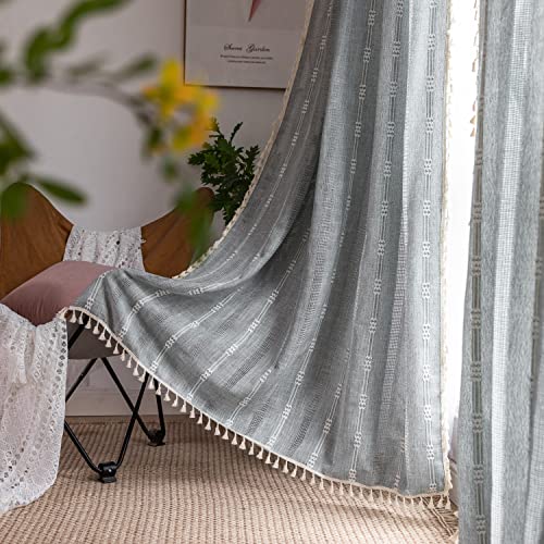 SASIGAYA Gardinen Durchscheinende Verdunklungen Vorhänge 140 × 180 Durchbrochene Bestickete Quasten Vorhang Baumwolle Leinen Vintage Hellgrau Vorhänge 2er Set für Morden Schlafzimmer Wohnzimmer von SASIGAYA