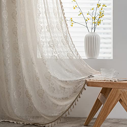 SASIGAYA Gardinen Landhausstil Vintage Durchbrochene Vorhang Boho Beige Vorhänge Quasten Durchscheinende Vorhang Häkeln Stricken Gardinen 150 Breit für Küche Schlafzimmer Wohnzimmer Balkon 2 Stück von SASIGAYA