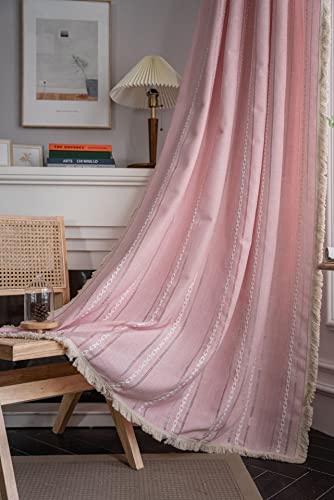 SASIGAYA Gardinen Rosa 2er Set Vorhänge 260 cm lang Boho Durchbrochene Bestickte Vintage Quasten Vorhang Landhausstil Halbtransparent Baumwolle Leinen Verdunklungsvorhänge für Schlafzimmer Wohnzimmer von SASIGAYA
