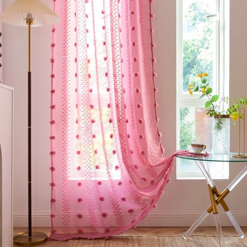 SASIGAYA Gardinen RosaTransparente Voile Vorhänge Pompons Durchsichtige Vorhang Dekoschal Vintage Landhausstil Bauernhaus Stabtaschenvorhänge 2er Set für Modern Wohnzimmer Schlafzimmer B 132×H 274cm von SASIGAYA