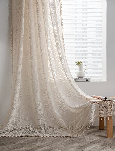 SASIGAYA Gardinen Vintage Beige Boho Vorhänge Landhausstil Häkeln Stricken Lichtdurchlässige Vorhang mit Quasten Durchbrochene Vorhänge für Küche Schlafzimmer Wohnzimmer Balkon 2 Stück H 160×B 150 cm von SASIGAYA