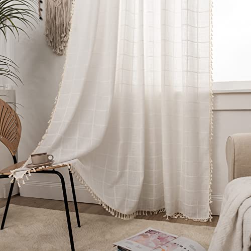 SASIGAYA Gardinen Weiß Boho Vintage Kariert Vorhänge Durchscheinend Bestickte Quasten Vorhang Baumwolle Leinen Verdunklungsvorhänge 2er Set für Modern Schlafzimmer Wohnzimmer H 214 ×B 132 cm von SASIGAYA