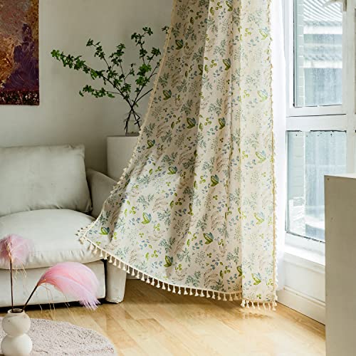 SASIGAYA Landhausstil Vorhänge Blättermuster Boho Vorhang Vintage Quasten Gardinen 150 Breit Lichtdurchlässige Verdunklungen Baumwolle Leinen Stangentasche Vorhänge 2er Set für Schlafzimmer Wohnzimmer von SASIGAYA