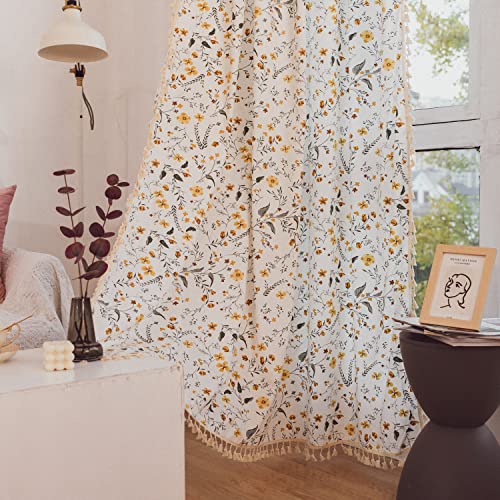 SASIGAYA Landhausstil Vorhänge Weiß Blumenmuster Lichtdurchlässige Verdunklungen Gardinen Boho Vorhang Vintage Quasten Baumwolle Bauernhaus Vorhänge 2er Set für Schlafzimmer Wohnzimmer 150×260cm von SASIGAYA