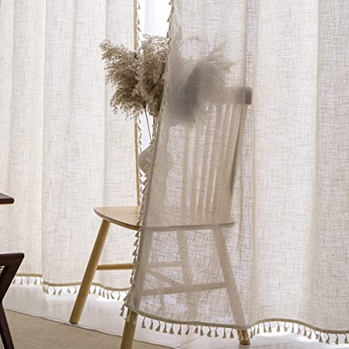 SASIGAYA Natur Vorhänge Boho Leinen Vintage Quasten Vorhang 280 cm hoch Beige Halbtransparent Leinenoptik Gardinen Landhausstil Einfarbig Vorhänge 2er Set für Küche Balkontür Wohnzimmer Schlafzimmer von SASIGAYA