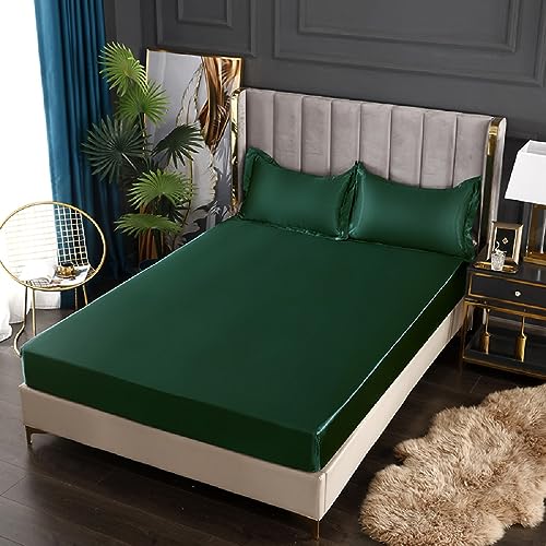 SASIGAYA Satin Spannbettlaken 150x200cm Grün Dunkelgrün Seide Glänzend Einfarbig Microfaser Spannbetttuch Hochwertiges Deluxe Unifarben Satin Bettlaken für Boxspringbett Topper Matratzen bis 25cm von SASIGAYA