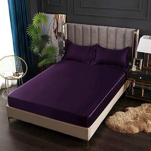 SASIGAYA Satin Spannbettlaken 150x200cm Lila Dunkellila Seide Glänzend Einfarbig Microfaser Spannbetttuch Hochwertiges Deluxe Unifarben Satin Bettlaken für Boxspringbett Topper Matratzen bis 25cm von SASIGAYA