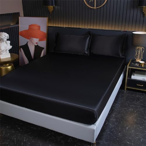 SASIGAYA Satin Spannbettlaken 150x200cm Schwarz Seide Glänzend Einfarbig Microfaser Spannbetttuch Hochwertiges Deluxe Unifarben Satin Bettlaken für Boxspringbett Topper Matratzen bis 25cm von SASIGAYA