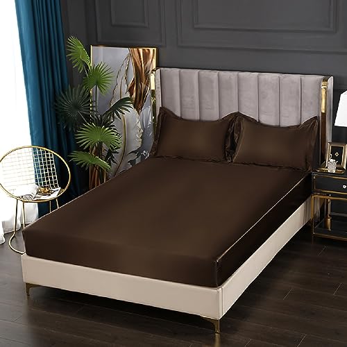 SASIGAYA Satin Spannbettlaken 180x200cm Braun Dunkelbraun Seide Glänzend Einfarbig Microfaser Spannbetttuch Hochwertiges Deluxe Unifarben Satin Bettlaken für Boxspringbett Topper Matratzen bis 25cm von SASIGAYA