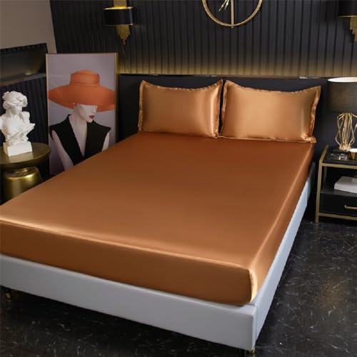 SASIGAYA Satin Spannbettlaken 180x200cm Braun Hellbraun Seide Glänzend Einfarbig Microfaser Spannbetttuch Hochwertiges Deluxe Unifarben Satin Bettlaken für Boxspringbett Topper Matratzen bis 25cm von SASIGAYA