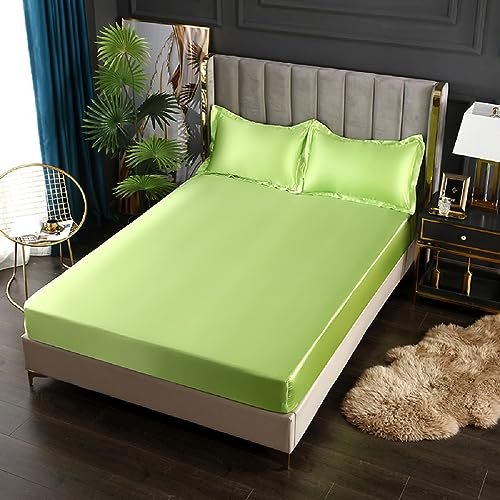SASIGAYA Satin Spannbettlaken 90x200cm Grün Hellgrün Seide Glänzend Einfarbig Microfaser Spannbetttuch Hochwertiges Deluxe Unifarben Satin Bettlaken für Boxspringbett Topper Matratzen bis 25cm von SASIGAYA