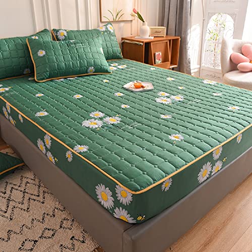 SASIGAYA Spannbettlaken 150×200cm Spannbetttuch Grün Mit 2 Kissenbezügen Spannbettlaken Gänseblümchen-Muster Matratzenschoner All-Inclusive-Matratze Boxspringbett Geeignet für Matratzen bis 30cm von SASIGAYA