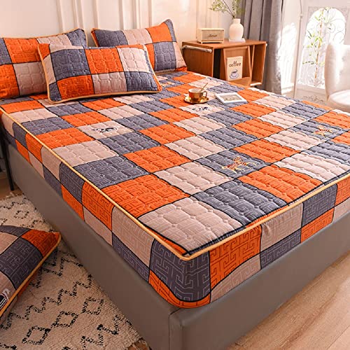 SASIGAYA Spannbettlaken 180x200cm Boxspringbett Spannbetttuch Orange Mit 2 Kissenbezügen Spannbettlaken Kariertes Muster Matratzenschoner All-Inclusive-Matratze Geeignet für Matratzen bis 30cm von SASIGAYA