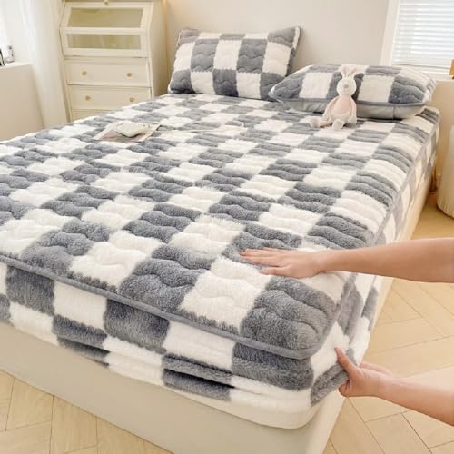 SASIGAYA Spannbettlaken 180×200cm Plüsch Fleece Spannbetttuch Flanell Spannbetttucher Superweiches Matratzenschoner Grau Weiß Kariert Flauschig Bettlaken für Boxspringbett Topper Matratzen bis 30cm von SASIGAYA