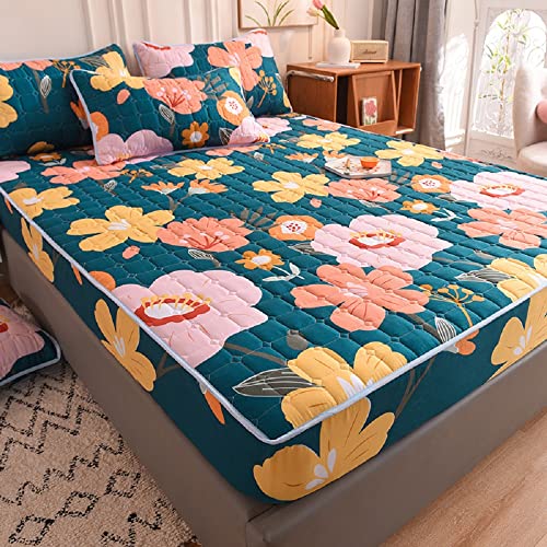 SASIGAYA Spannbettlaken 200x220cm Boxspringbett Spannbetttuch Dunkelgrün Mit 2 Kissenbezügen Weiche Spannbettlaken Blumenmuster Matratzenschoner Bettlaken Set für Erwachsene Tiefe Tasche 30 cm von SASIGAYA