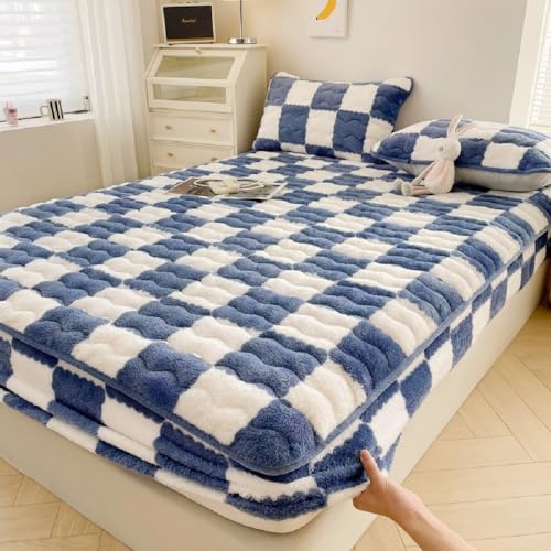 SASIGAYA Spannbettlaken 200×220cm Plüsch Fleece Spannbetttuch Flanell Spannbetttucher Superweiches Matratzenschoner Blau Weiß Kariert Flauschig Bettlaken für Boxspringbett Topper Matratzen bis 30cm von SASIGAYA