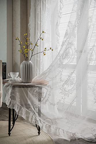 SASIGAYA Spitzen Gardinen Transparent Lace Vorhänge Durchsichtig Bestickete Voile Vorhang Gerüschte Vintage Landhausstil Vorhang für Modern Wohnzimmer Esszimmer Schlafzimmer Weiß B150 x H220cm 2er Set von SASIGAYA
