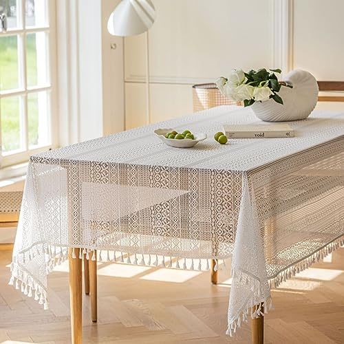 SASIGAYA Tischdecken Weiß Vintage Boho Landhausstil Rechteckige Tischdecke 150×250cm Abwaschbar Häkeln Stricken Durchscheinende Tischuch mit Quasten für Küche Hochzeit Tischuch Tischdekoration von SASIGAYA