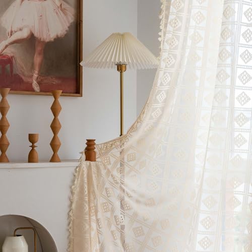 SASIGAYA Vorhänge 2er Set Boho Beige Vintage Vorhang 140×200cm Landhausstil Häkeln Stricken Lichtdurchlässige Gardinen mit Quasten Durchbrochene Gitter Stabtaschenvorhänge für Schlafzimmer Wohnzimmer von SASIGAYA