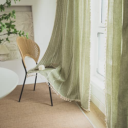 SASIGAYA Vorhänge Baumwolle Leinen Gardinen Boho Vintage Landhausstil Durchscheinende Quasten Grün Vorhang 120 hoch Durchbrochene Bestickte Verdunklungsvorhänge 2er Set für Schlafzimmer Wohnzimmer von SASIGAYA