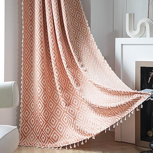 SASIGAYA Vorhänge Baumwolle Orange Gardinen 2er Set Boho Gardinenschals mit Quasten Bestickte Vorhang Gardinen 220 cm lang Blickdicht Geometrische Verdunkelungsvorhänge für Schlafzimmer Wohnzimmer von SASIGAYA