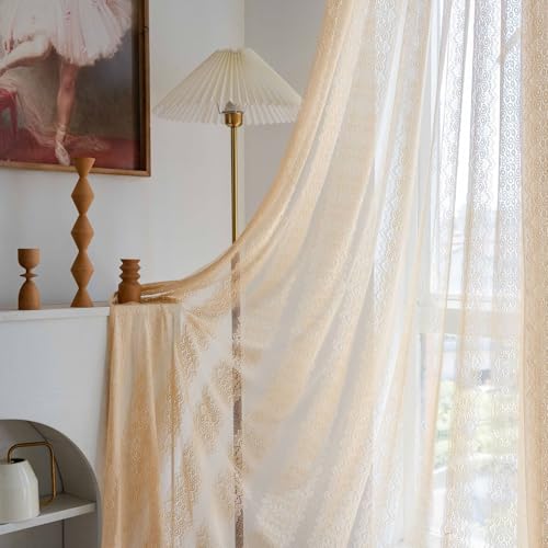 SASIGAYA Vorhänge Boho Beige Vintage Vorhang B150×H240cm Landhausstil Häkeln Stricken Lichtdurchlässige Gardinen Durchbrochene Spitze Stabtaschenvorhänge für Schlafzimmer Wohnzimmer Curtains 2 Stück von SASIGAYA
