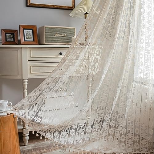 SASIGAYA Vorhänge Boho Vintage Vorhang B150×H160cm Beige Halbtransparent Landhausstil Häkeln Stricken Blume Gardinen mit Quaste Luftig Spitze Dekoschal 2er Set für Küche Wohnzimmer Schlafzimmer Balkon von SASIGAYA