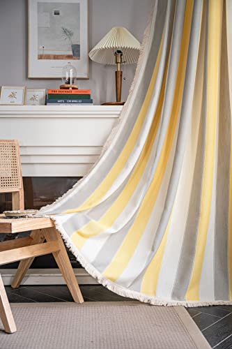SASIGAYA Vorhänge Gestreifte Gardinen Verdunklungen Bauernhaus Vorhang Boho Landhausstil Vintage Quasten Vorhänge mit Gelb Streifen Muster 2er Set für Modern Küche Schlafzimmer Wohnzimmer 132×160cm von SASIGAYA