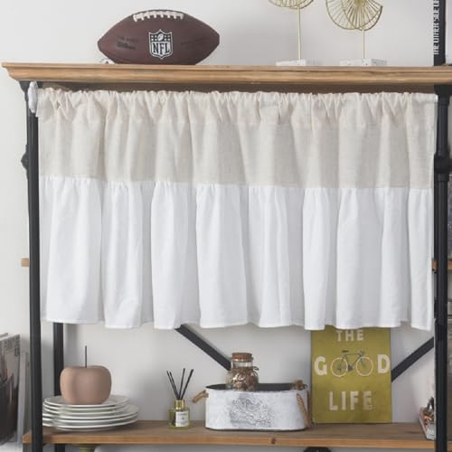 SASIGAYA Vorhänge Kurze Fenstervorhänge Baumwolle Leinen Verdunkelungsvorhang Beige Weiß Boho Vintage Cafe-Vorhang Blickdicht Gardinen für Kleine Fenster Küche Wohnzimmer 1 Stück B150×H60cm von SASIGAYA