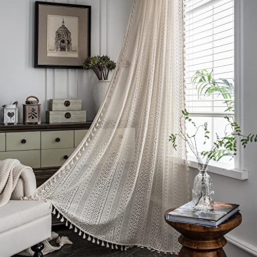 SASIGAYA Vorhänge Landhausstil Vintage Boho Beige Gardinen Lichtdurchlässige Gardinen mit Quaste Durchbrochene Häkeln Stricken Vorhang 2er Set für Küche Schlafzimmer Wohnzimmer Balkon 150×260cm von SASIGAYA