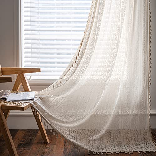 SASIGAYA Vorhänge Landhausstil Vintage Boho Beige Gardinen Lichtdurchlässige Gardinen mit Quaste Durchbrochene Häkeln Stricken Vorhang 2er Set für Küche Schlafzimmer Wohnzimmer Balkon 150×260cm von SASIGAYA