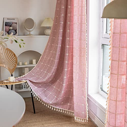 SASIGAYA Vorhang Quasten Durchscheinend Boho Rosa Gardinen Vintage Kariert Landhausstil Vorhänge Baumwolle Leinen Verdunklungsvorhänge 2er Set für Modern Schlafzimmer Wohnzimmer H120×B140cm von SASIGAYA