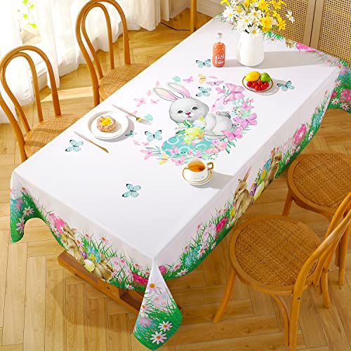 SASTYBALE Rechteckige Oster-Tischdecke, Frühlingsblumen- und Hasen-Tischdecke, staubdicht, knitterfrei, Polyester-Tischabdeckung für Dekoration, Urlaub, Küche, Esstischplatte (132,1 x 177,8 cm) von SASTYBALE