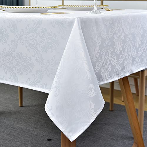 SASTYBALE Weiße Tischdecke, rechteckig, 152.4x253.4 cm, Jacquard-Damast-Tischdecke, auslaufsichere und knitterfreie Polyester-Tischdecke, Party, Innen- und Außenbereich von SASTYBALE