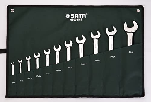 SATA ST08041 Doppelmaulschlüssel, Gabelschlüssel, Maulschlüssel, Schraubenschlüssel Set metrisch 6-32 mm poliert aus CR-V-Stahl in praktischer Roll-Tasche 11 Tlg. von SATA