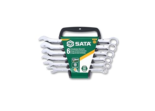 SATA ST09018SJ Ringmaulschlüssel, Gabelringschlüssel, Gabelschlüssel, Schraubenschlüssel Set metrisch 10-15 mm poliert aus CR-V-Stahl mit Träger zur Aufbewahrung 6 Tlg. von SATA