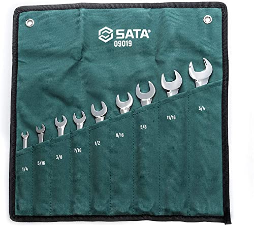 SATA ST09019SJ Ringmaulschlüssel, Gabelringschlüssel, Gabelschlüssel, Schraubenschlüssel Set 1/4"/6,35 mm - 3/4"/19,05mm, Zollgrößen poliert aus CR-V-Stahl in praktischer Roll-Tasche 9 Tlg. von SATA