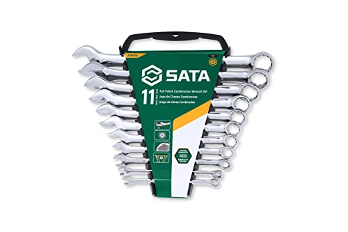 SATA ST09021SJ Ringmaulschlüssel, Gabelringschlüssel, Gabelschlüssel, Schraubenschlüssel Set 1/4"/6,35 mm -7/8"/22,225 mm, Zollgrößen poliert aus CR-V-Stahl mit Träger zur Aufbewahrung 11 Tlg. von SATA