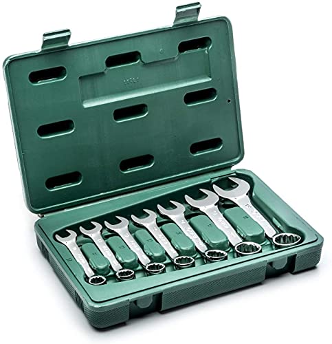 SATA ST09033SJ Ringmaulschlüssel, Gabelringschlüssel, Gabelschlüssel, Schraubenschlüssel Set metrisch Extra Kurz 10-19 mm poliert aus CR-V-Stahl mit robustem Koffer 7 Tlg. von SATA