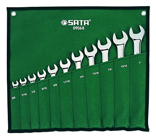 SATA ST09068SJ Ringmaulschlüssel, Gabelringschlüssel, Gabelschlüssel, Schraubenschlüssel Set 3/8"/9,525 mm - 1"/25,4 mm, Zollgrößen poliert aus CR-V-Stahl in praktischer Roll-Tasche 11 Tlg. von SATA