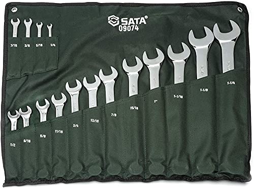 SATA ST09074SJ Ringmaulschlüssel, Gabelringschlüssel, Gabelschlüssel, Schraubenschlüssel Set 1/4"/6,35 mm -1.1/4"/279,4 mm Zollgrößen poliert aus CR-V-Stahl in praktischer Roll-Tasche 16 Tlg. von SATA