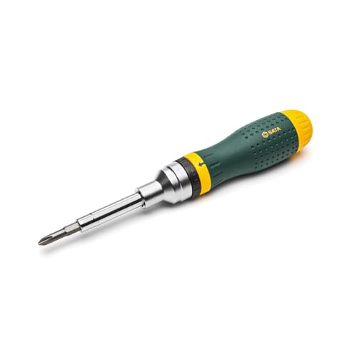 SATA ST09350 19-in-1 Multipurpose Ratcheting Screwdriver Set with 8 Double-Sided Bits and a Green and Yellow Oil-Resistant Handle von SATA