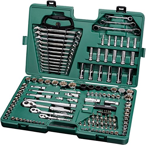 SATA ST09510SJ 150-teiliges metrisches/SAE Steckschlüssel-Set, 1/4", 3/8" und 1/2" Antrieb, 6- und 12-kant, poliert, im Aufbewahrungskoffer, grün von SATA