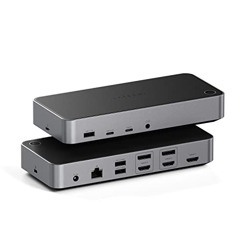 SATECHI Triple 4K Dockingstation, USB-C Dockingstation 13-in-1, mit 100W PD, 2 DisplayPort, 3 HDMI, 4 USB-C, USB-A, Gigabit-Ethernet und Audio-Buchse – Für MacBook und Windows von SATECHI