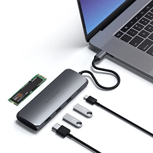 SATECHI USB C Hub mit M.2-SATA-SSD-Gehäuse, 4K-HDMI, 100W PD-Aufladung, 2X USB-A Data Ports, für MacBook, Windows und USB-C-Geräte – Space Grau von SATECHI
