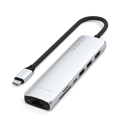 SATECHI 7-in-1 USB-C Hub Slim Plus, Multiport-Adapter, Dock mit 4K HDMI, 100W Power Delivery, 2X USB-A, Ethernet, SD/MicroSD – Silber von SATECHI