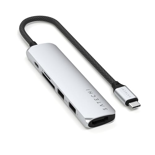 SATECHI 6-in-1 USB-C Hub Slim Plus, Multiport-Adapter, Dockingstation mit 4K HDMI, 100W Power Delivery, 2X USB-A, SD/MicroSD-Kartenleser – Silber von SATECHI