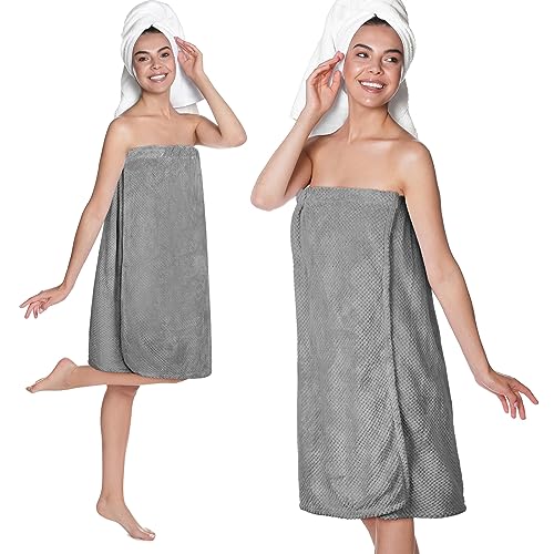 SATINIOR 2 Damen Badetücher Leicht Spa Bademantel mit Verstellbarem Klettverschluss Elastische Weiche Duschhandtücher Spa Handtücher (Grau) von SATINIOR