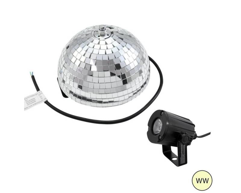 SATISFIRE Discolicht Set Halbspiegelkugel 20cm + 1 x LED Pinspot 3W Warmweiss von SATISFIRE