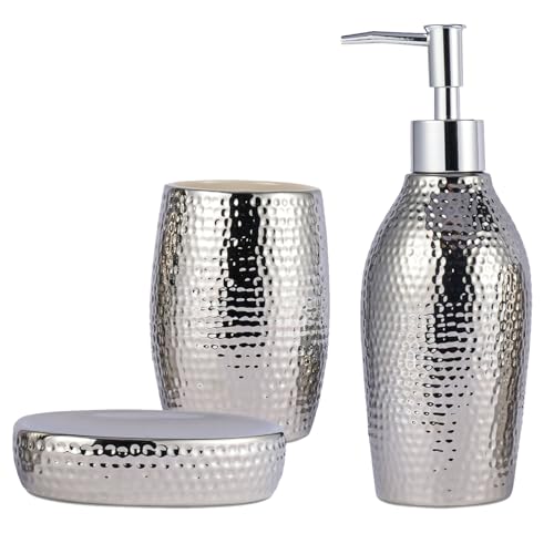 Silbernes Badezimmer-Zubehör-Set – 3-teiliges dekoratives Keramik-Badezimmer-Zubehör-Set mit Lotion-Seifenspender, Zahnbürstenhalter/Becher und Seifenschale, silbernes Geschenk-Set für neue Wohnkultur Silbernes Badezimmer-Zubehör-Set – 3-teiliges dekoratives Keramik-Badezimmer-Zubehör-Set mit Lotion-Seifenspender, Zahnbürstenhalter/Becher und Seifenschale, silbernes Geschenk-Set für neue Wohnkultur von SATU BROWN